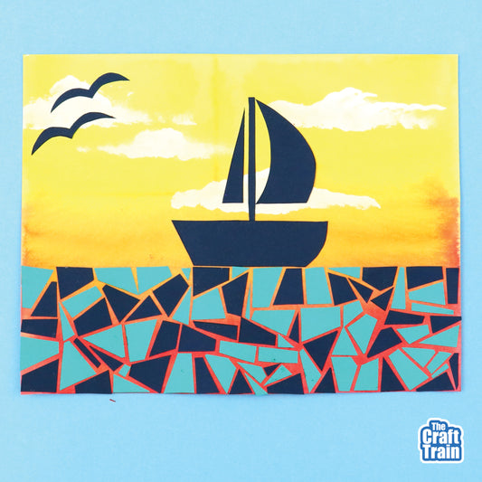 Paper mosaic sunset boat scene