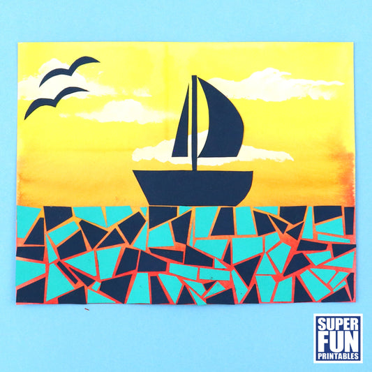 Paper mosaic sunset boat scene